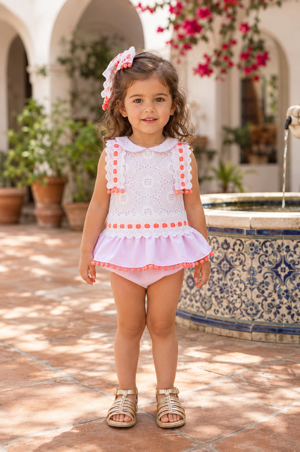 Naxos Neon Girls Pink & Orange Lace Dress & Knickers