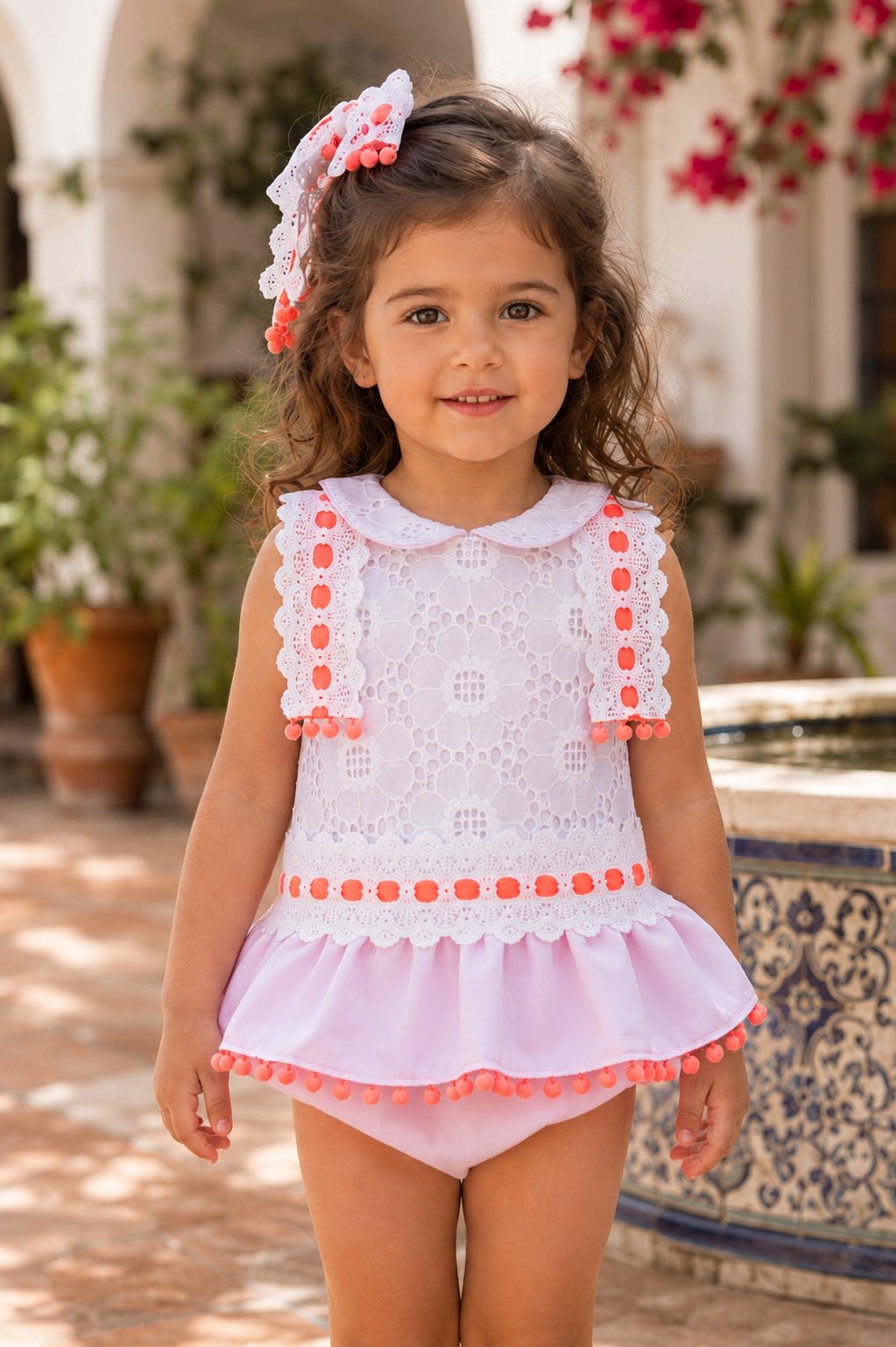 Naxos Neon Girls Pink & Orange Lace Dress & Knickers