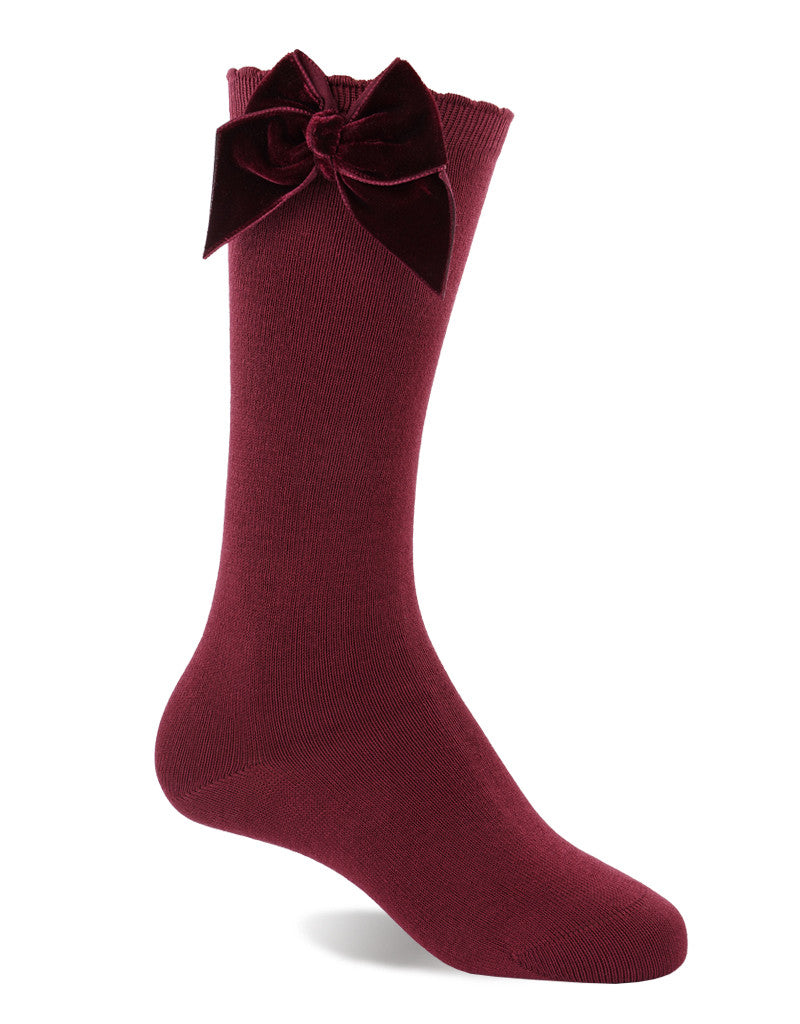 JC Castella Girls Burgundy Velvet Bow Socks