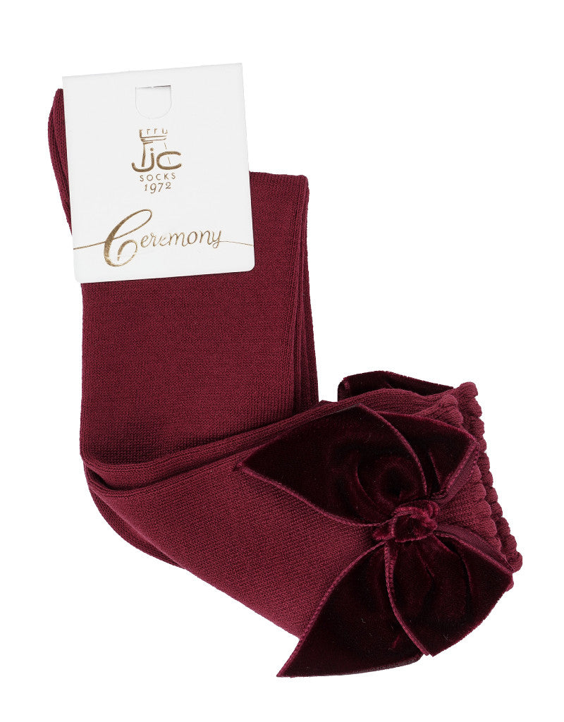 JC Castella Girls Burgundy Velvet Bow Socks
