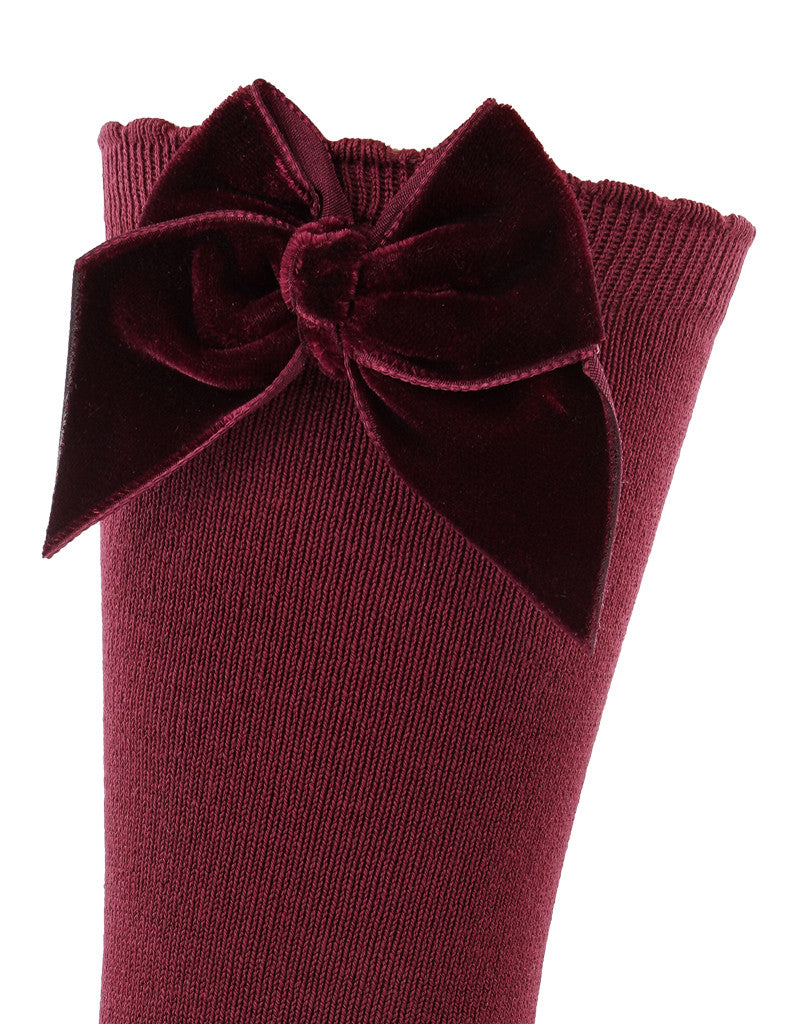 JC Castella Girls Burgundy Velvet Bow Socks