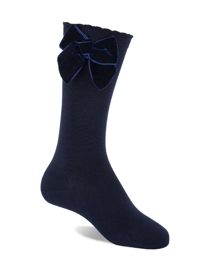 JC Castella Girls Navy Velvet Bow Socks