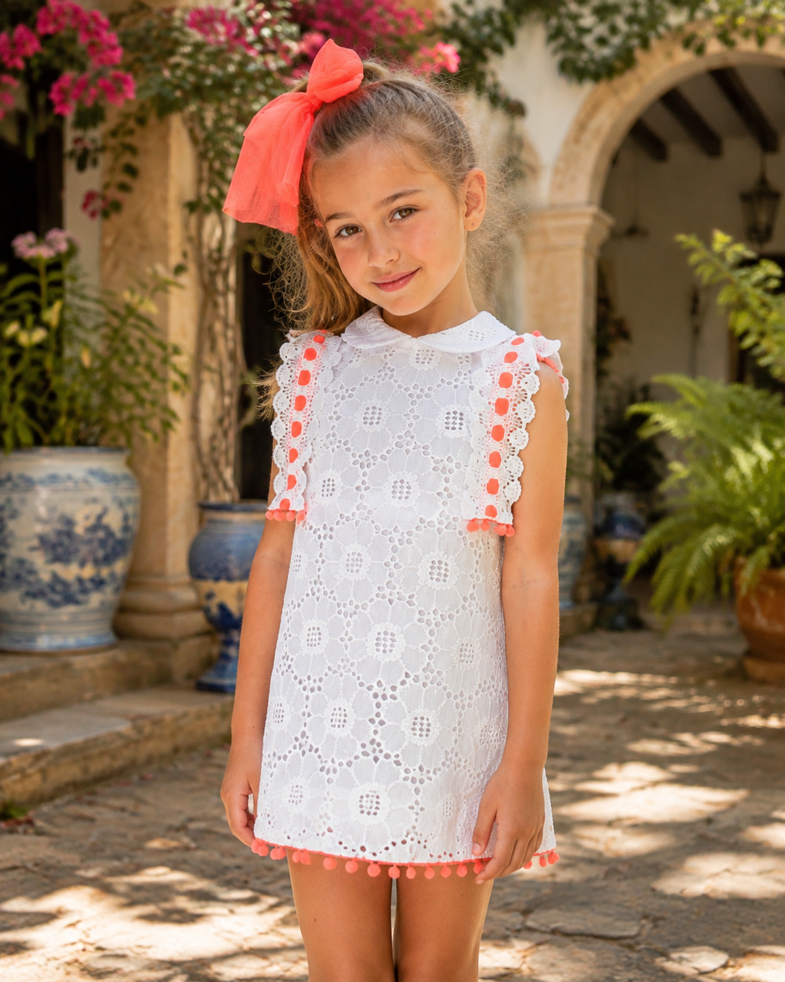 Naxos Neon Girls White & Orange Tulle A-Line Dress